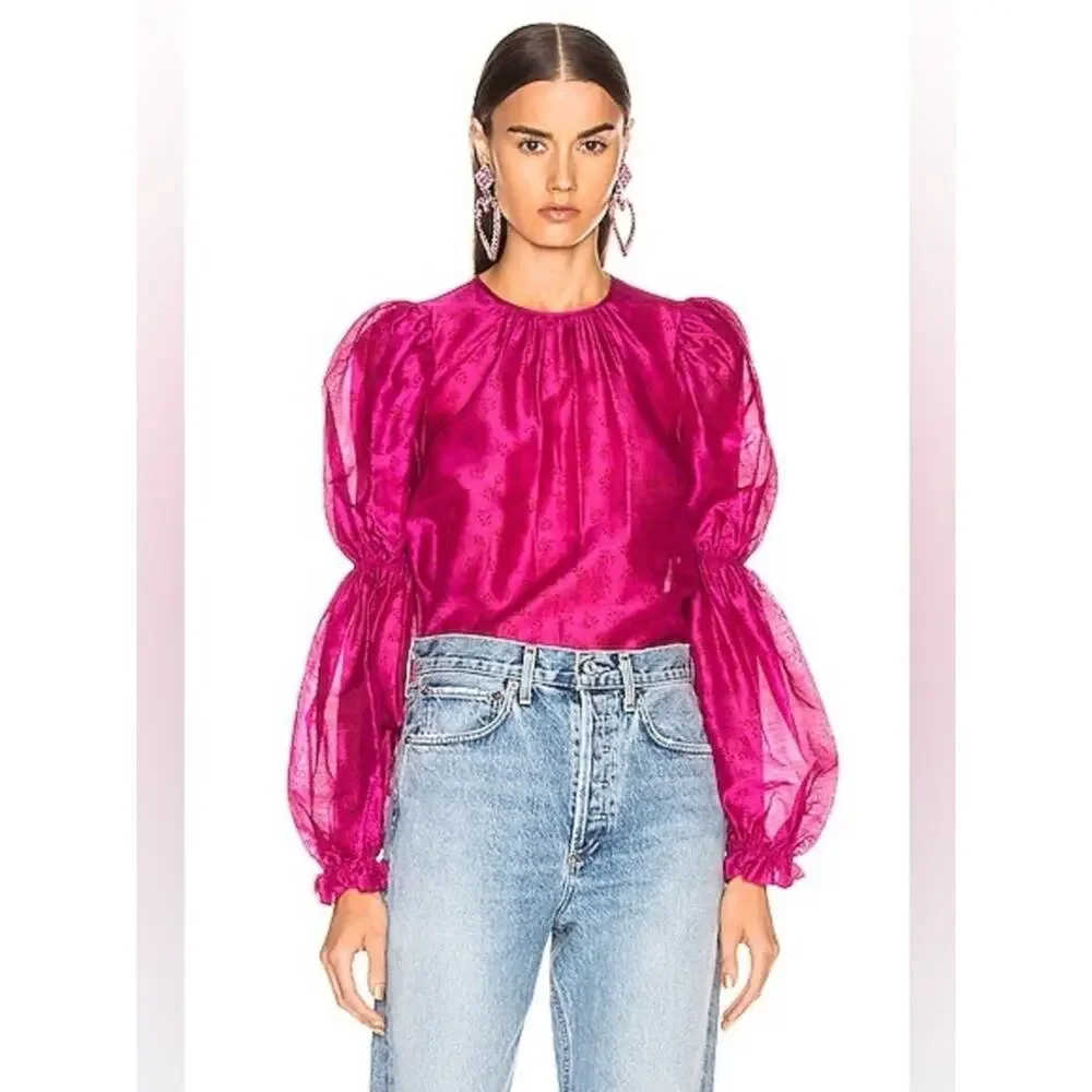 Ulla Johnson Aster Silk Blend Blouse Fuchsia Pink Puff Sleeve Size 0